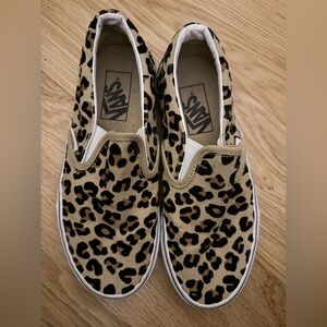 Vans Tan and Black Leopard Slip-Ons